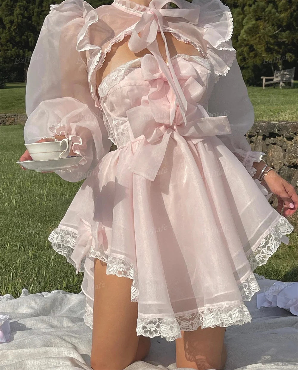 Oklulu  Fairy A Line Pink Organza Short Prom Dresses Puff Long Sleeves Lace Bow Formal Occasion Party Dress Wedding Gowns