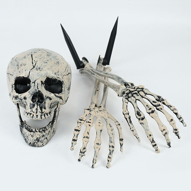 Halloween Realistic Skull Skeleton Head Human Hand Arms for Halloween Party Home Garden Lawn Decor Haunted House Horror Props