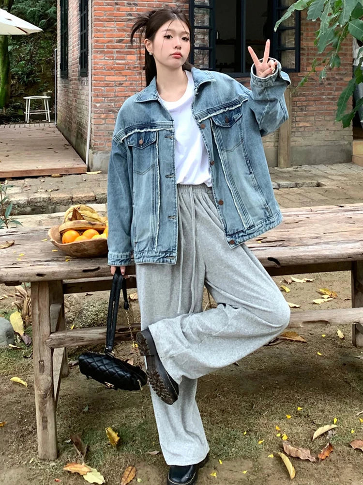 Oklulu Vintage Denim Jacket Women Autumn Washed Jean Coats Lady Korean Fashion Single Breasted Outerwear Casual Loose Jacket Streetwear