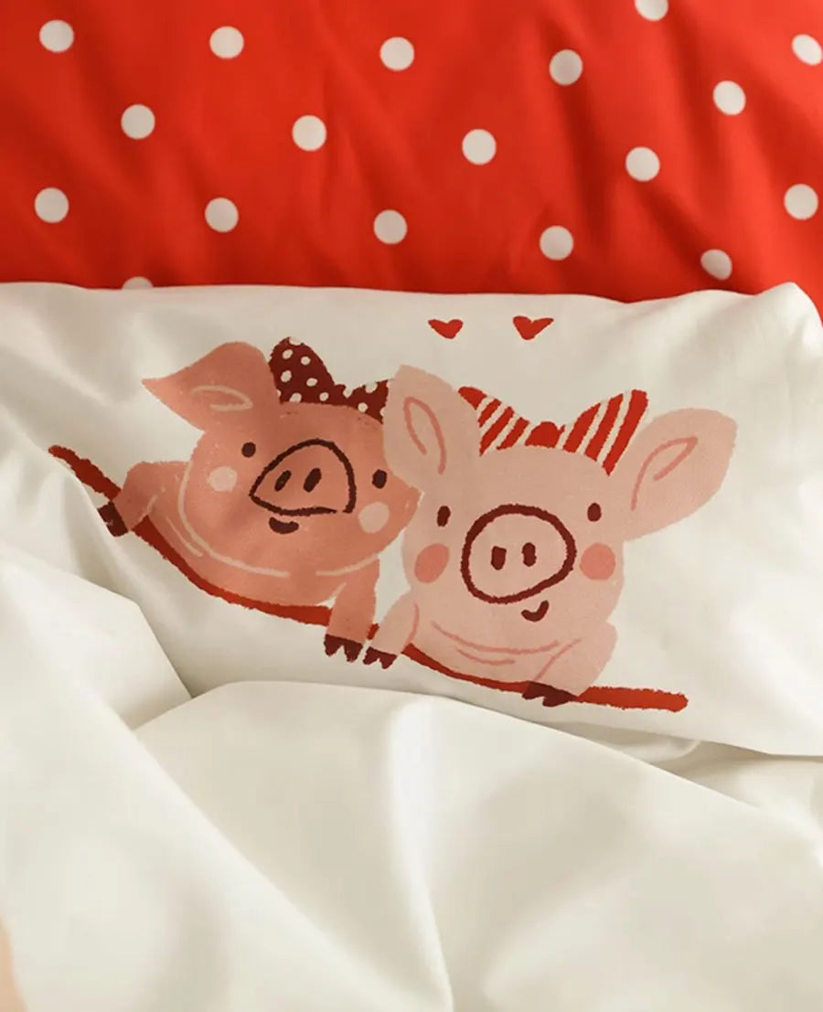 OKLULU  -   Cute Cartoon Pig Cat Red Bedding Set1.2 1.5 1.8 2.0,twin Full Queen King Cotton Home Textile Bed Sheet Pillow Case Quilt Cover