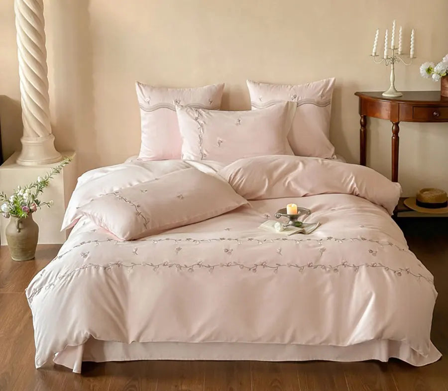 OKLULU  -  Elegant sweet embroidery flower green pink bedding set,full queen king cotton home textile bed sheet pillow case duvet cover