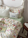 OKLULU  -  100%Cotton 4PCS Bedding Set Small Green Floral Print Luxury Bedding Sheet Quilt Cover Pillow Cover IG Fashion Girl's Room