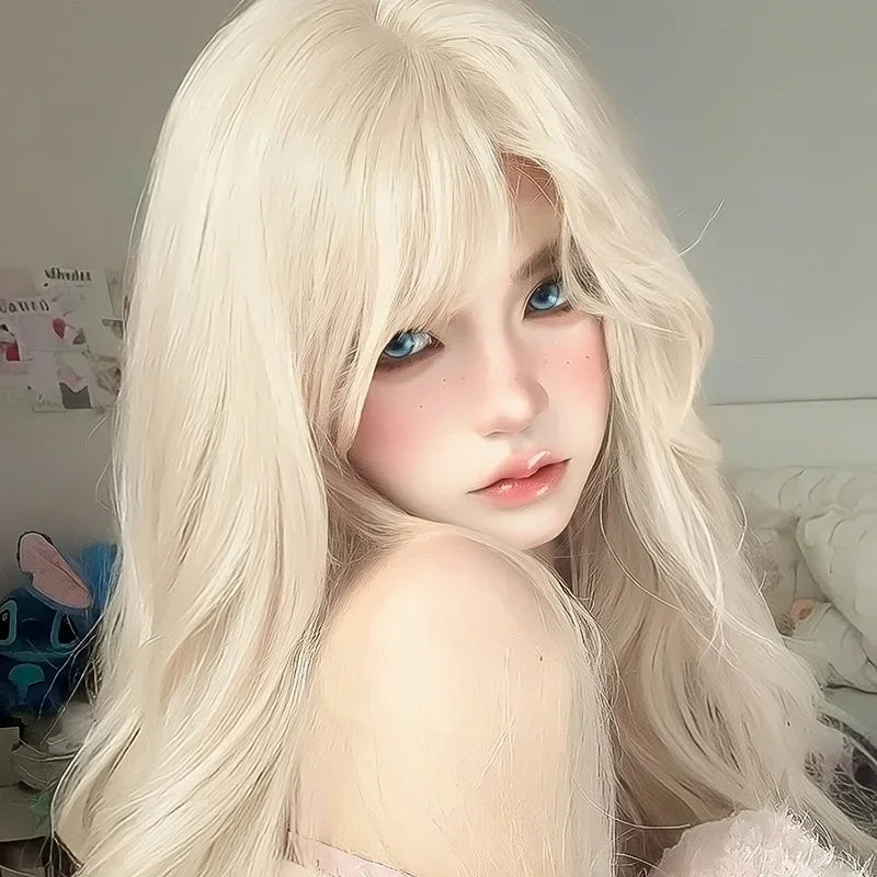 OKLULU  -  White gold color Synthetic Wigs Long Wavy Natural Hair for Women Natural Wave Cosplay Party Daily Use Lolita Wig Heat Resistant