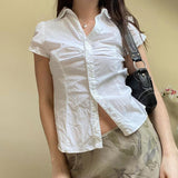 Oklulu  Vntage Folds Crop Top White Button Up Short Sleeve Blouse Women Chic Bandage Korean Fashion T-shirt Casual Streetwear y2k