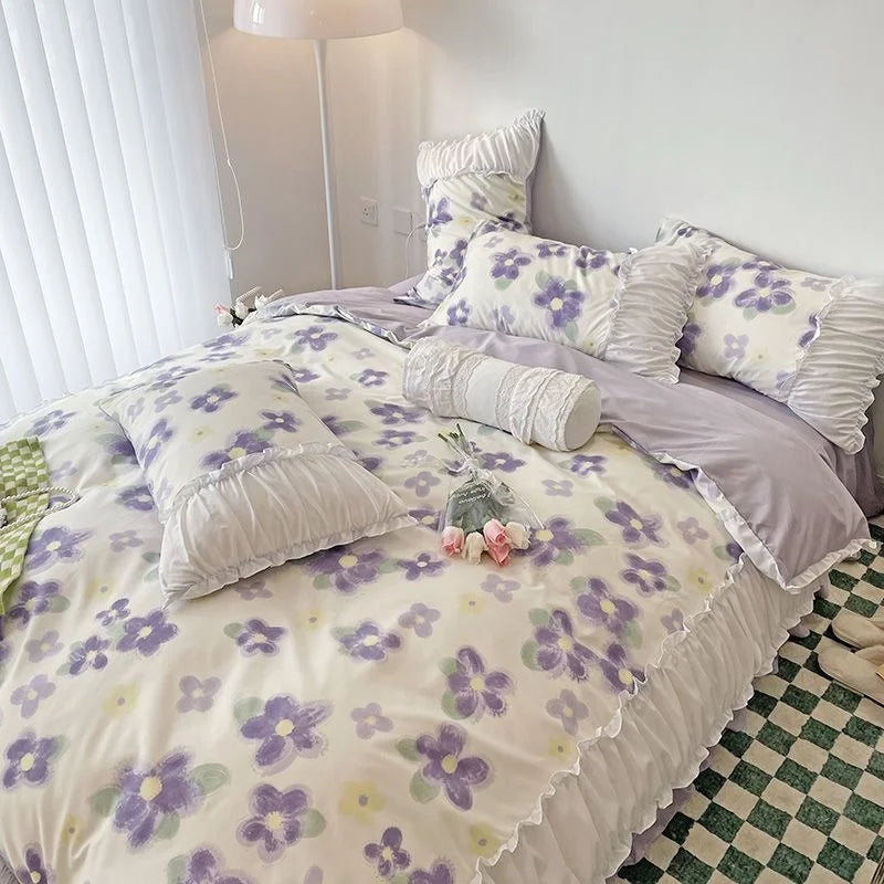 Girls Pastoral Floral Princess Bedding Set 3/4pcs Ruffles Duvet Cover Bed Skirt Sheet Queen King Size For Woman Decor Home