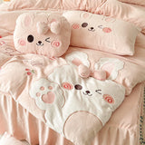 Pink Cute Cartoon Rabbit Applique Embroidery Bedding Set Velvet Fleece Duvet Cover Bed Sheet Fitted Sheet Bed Skirt Pillowcases