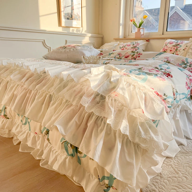 White Lace Flowers Printed Duvet Cover Set 100% Cotton Korean Style Princess Ruffles Bedding  Bed Skirt Bedspread Pillowcases