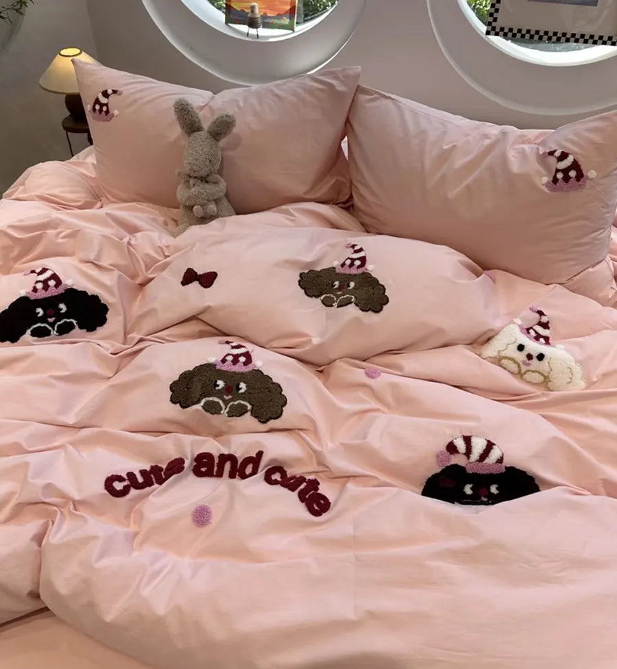 OKLULU  -  Cute Pink Dog Bedding Set 1.2 1.5 1.8 2.0 Teen,twin Full Queen King Lovely Cotton Home Textile Bed Sheet Pillow Case Quilt Cover