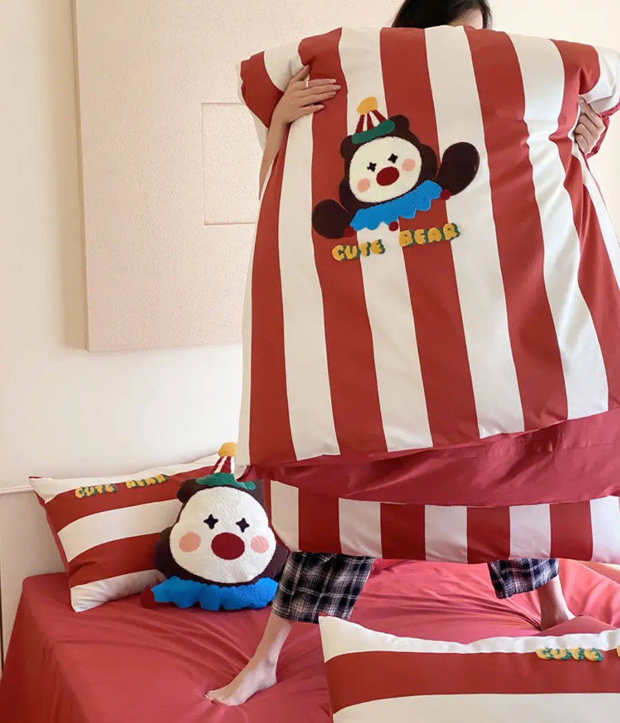 OKLULU  -  Cute circus clown bear red stripes bedding set teen,full queen king lovely cotton home textile bed sheet pillow case duvet cover