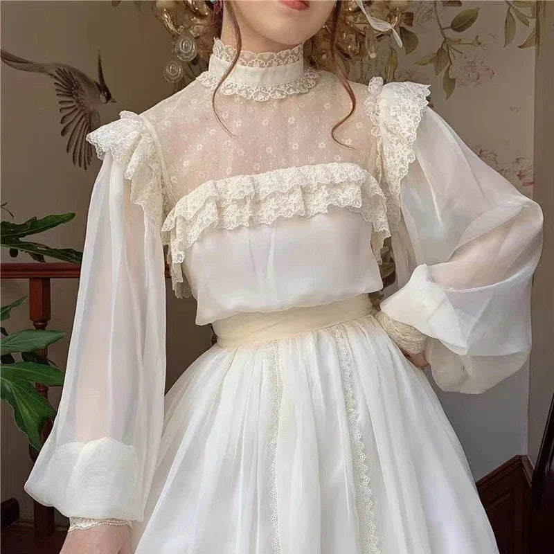 OKLULU  -  French Court Style Retro Dresses For Women  Apricot Fairy Dress Romantic Lace Lantern Sleeve Vintage Princess Dress Vestidos