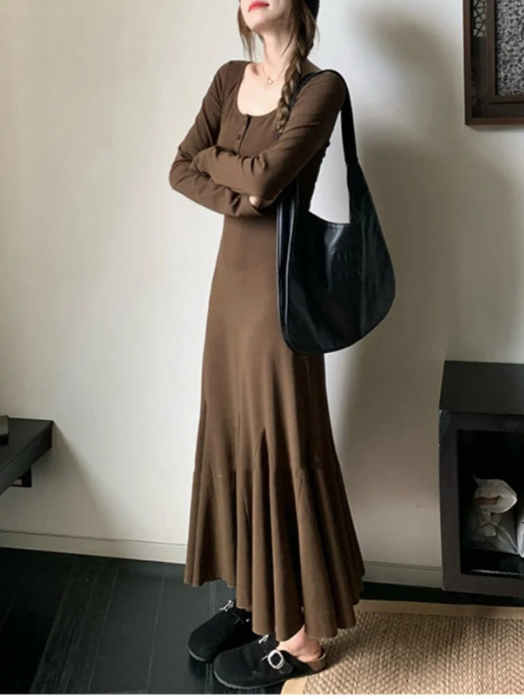 Oklulu Black Long Dress Women Vintage Fishtail Dresses Female Party Fashion Long Sleeve Dress Ladies Elegant Casual Ruffle Robe