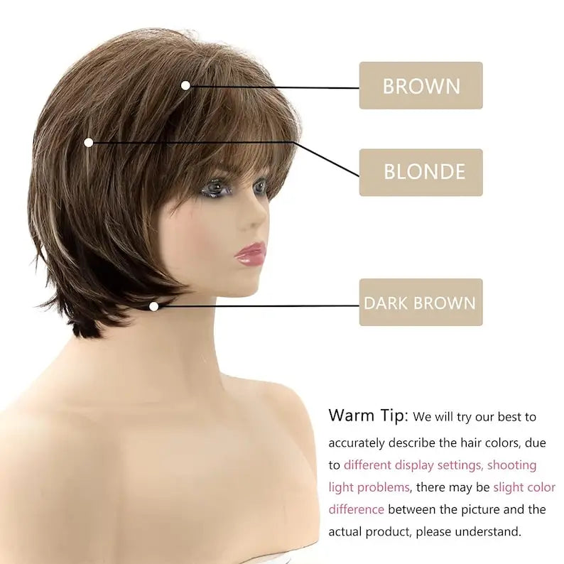 OKLULU  -  Short Brown Pixie Cut Wigs with Bangs Straight Synthetic Hair Wig Ombre Blonde Wig Headband Cosplay Wig