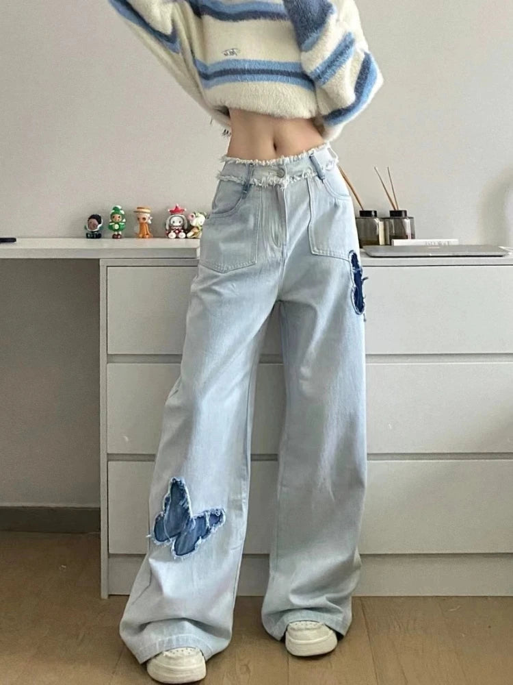 OKLULU  -  Blue Jeans Plus Size Women Y2k Fashion Loose Butterfly Patchwork Causal High Waist Denim Pants Streetwear Retro Bottoms