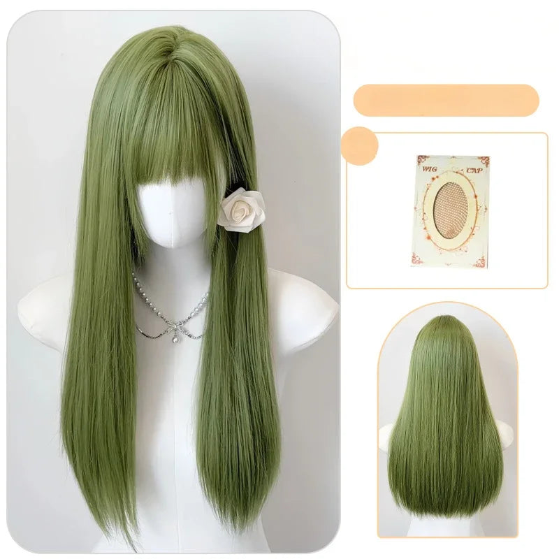 OKLULU  -  Long Silky Straight Synthetic wigs green Cosplay Party Lolita Wig with bangs for Daily party Women Natural Heat Resistant wig