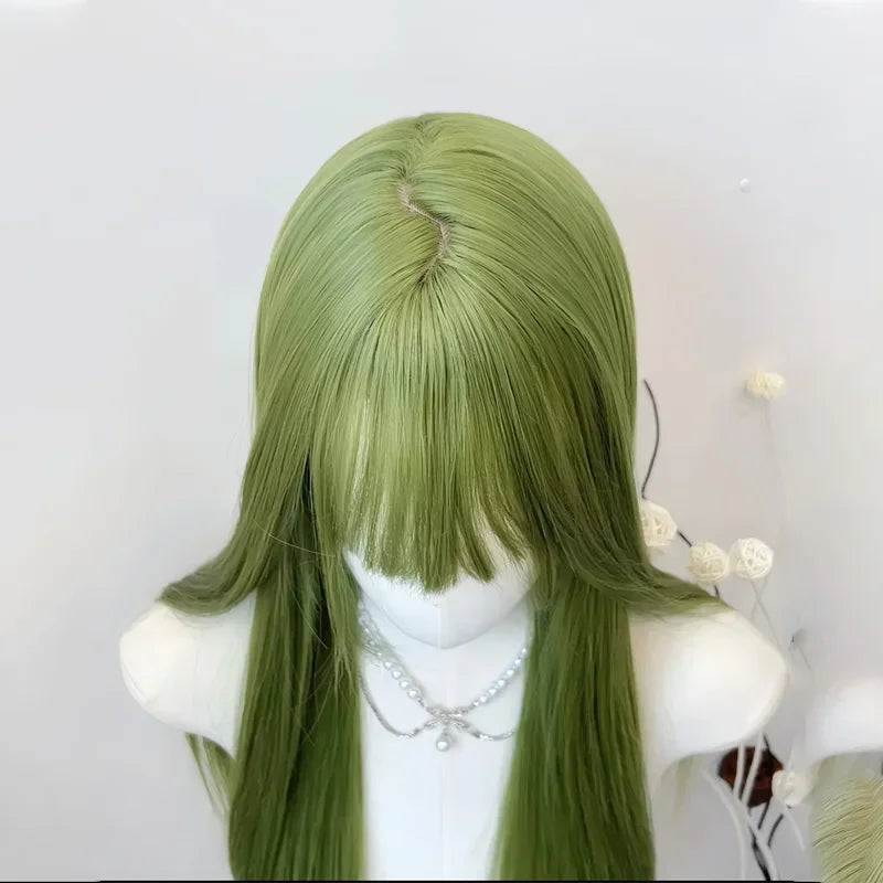 OKLULU  -  Long Silky Straight Synthetic wigs green Cosplay Party Lolita Wig with bangs for Daily party Women Natural Heat Resistant wig