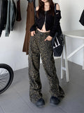 Oklulu  Leopard Print Pants Women Y2K High Waist Multiple Pockets Vintage Trousers Streetwear Hip Hop Loose Wide Leg Cargo Jeans