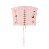 Oklulu  High Quality Women Floral Embroidery Beading Pink Strapless Top Lacing Up Bandage Back Female Summer Sexy Crop Top