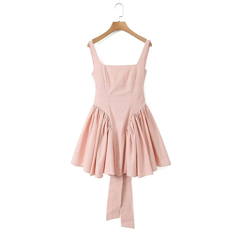 Oklulu   Women Sweet Tie Bow Sashes Sexy Backless Dress Waist Spliced Pleated Swing Party Mini Robe