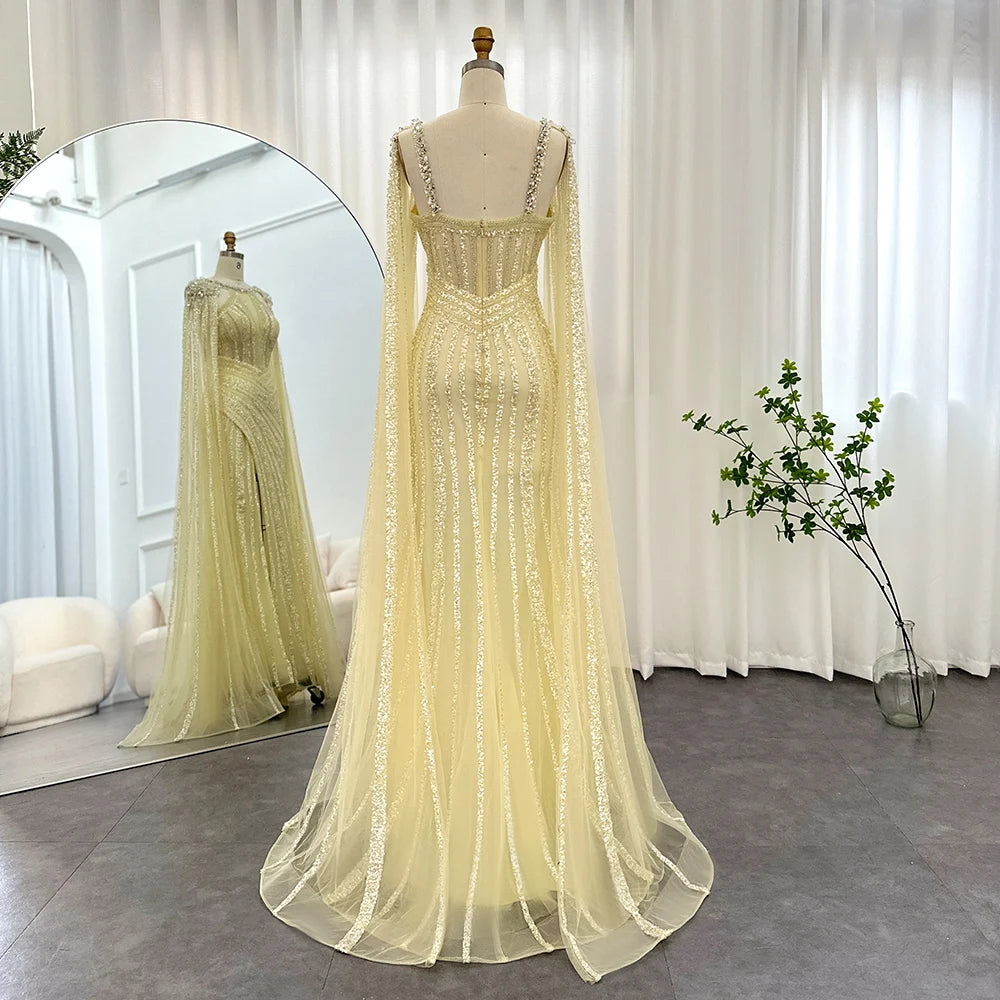 Luxury Crystal Dubai Yellow Evening Dress with Cape Sleeves Lilac Arabic Mermaid Women Wedding Party Gown