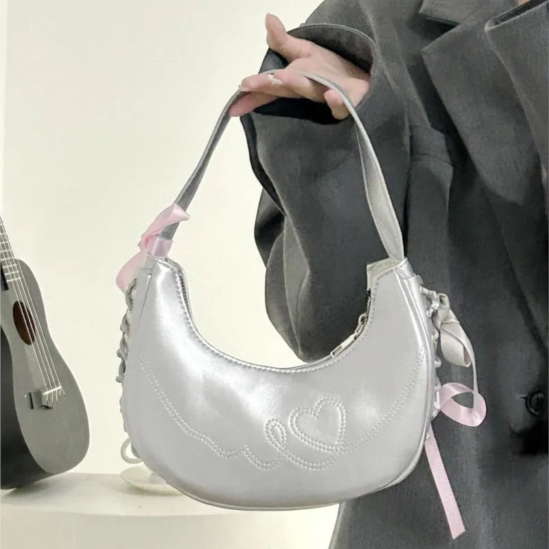 OKLULU  -  Hot Girls Silver Y2k Underarm Bag Purse Women Versatile Leather Bow Half Moon Bags Ladies Fairy Core Handbag Aesthetic