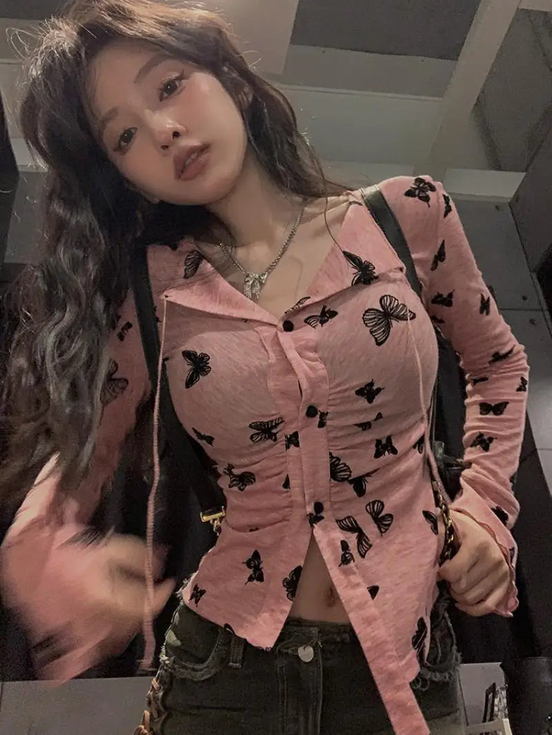 Oklulu Pink Crop Tops Women Y2K Coquette Long Sleeve T-Shirts Female Vintage Butterfly Button Up Blouse Ladies Harajuku Chic Camisetas