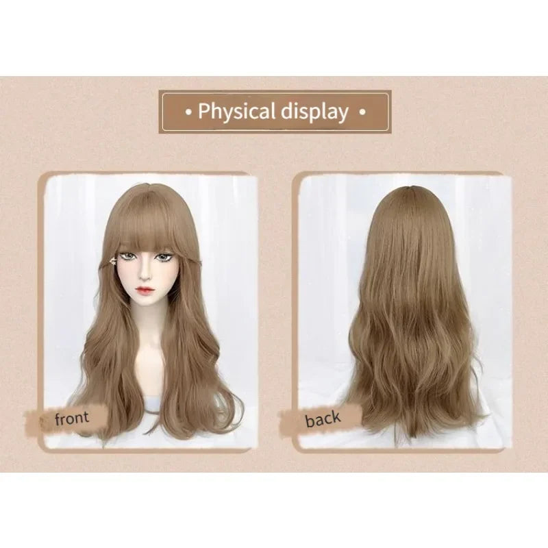 OKLULU  -  Long Water Wave Wigs with Bangs Milk tea brown Cosplay Wig for Women Daily Party Natural Soft Synthetic Hair Heat Resistant