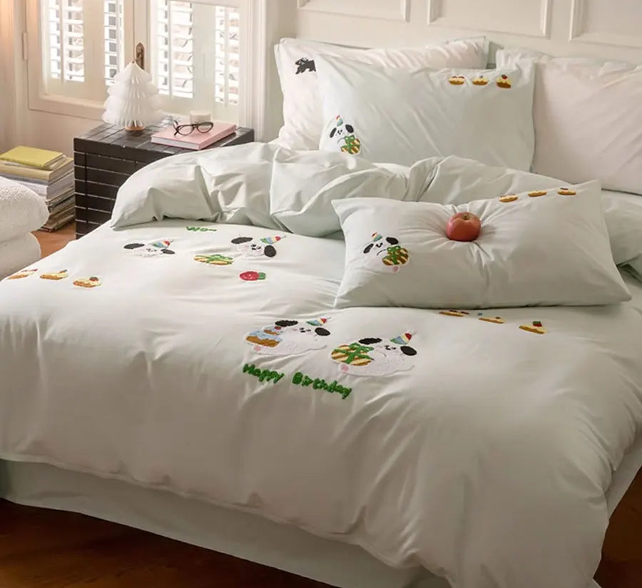 OKLULU  -   Cute Embroidery Dog Cake Bedding Set 1.2 1.5 1.8 2.0,twin Full Queen King Cotton Home Textile Bed Sheet Pillow Case Quilt Cover