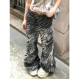 OKLULU  -  2024 Women's Casual Zebra print Gothic Jeans Vintage Aesthetic Emo Loose Washed Pants Y2K Wide Leg Punk Baggy Denim Trouser