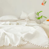 Oklulu INS Style White Ball Edge Quilted Quilt Blanket Bedspread Washed Solid Color Korean Princess Style Summer Thin Quilt 1/3Pc