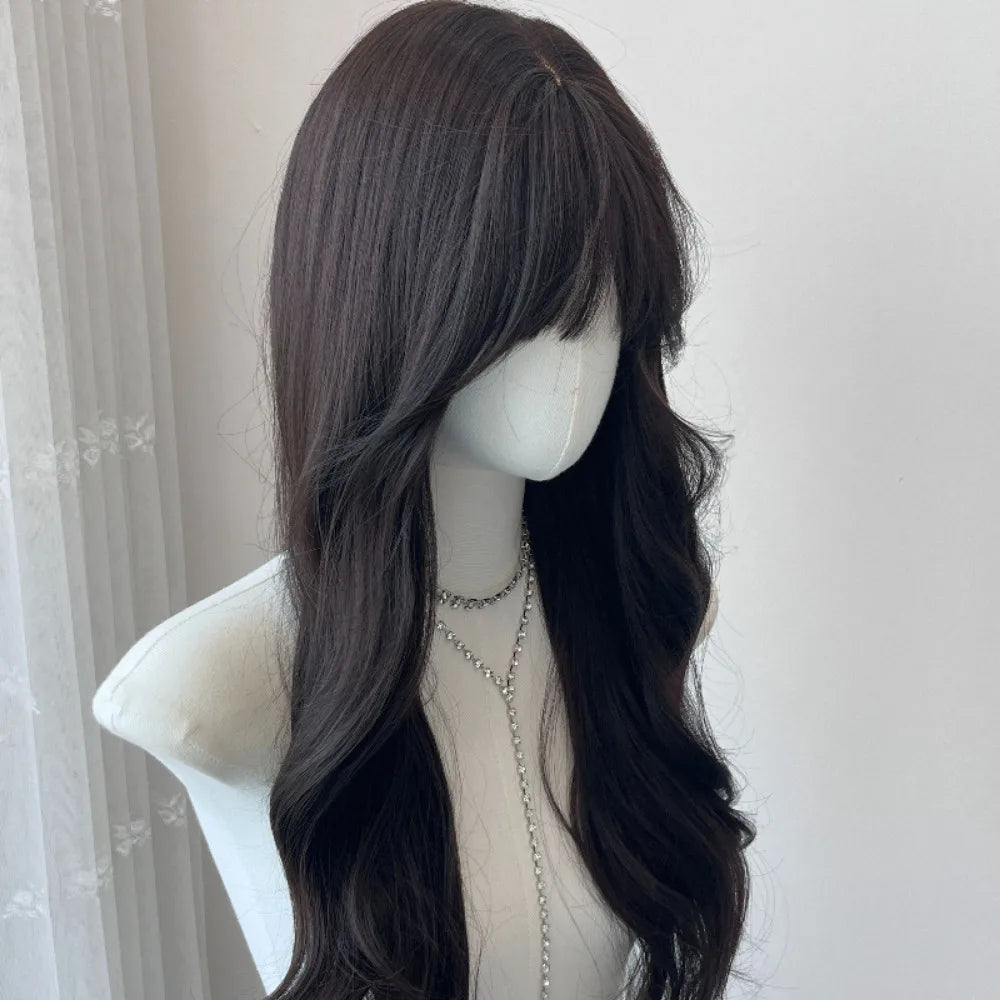 OKLULU  -  Long Wave Wig Black Wavy Wigs with Bangs Naturally Soft Synthetic Wig for Cosplay Daily Use Heat Resistant Headband Wigs