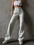 Oklulu  Fashion White PU Leather High Rise Pants Street wear Casual Button Up Straight Leg Pants for Women Trousers Pants