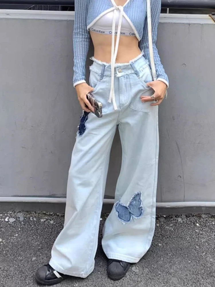 OKLULU  -  Blue Jeans Plus Size Women Y2k Fashion Loose Butterfly Patchwork Causal High Waist Denim Pants Streetwear Retro Bottoms