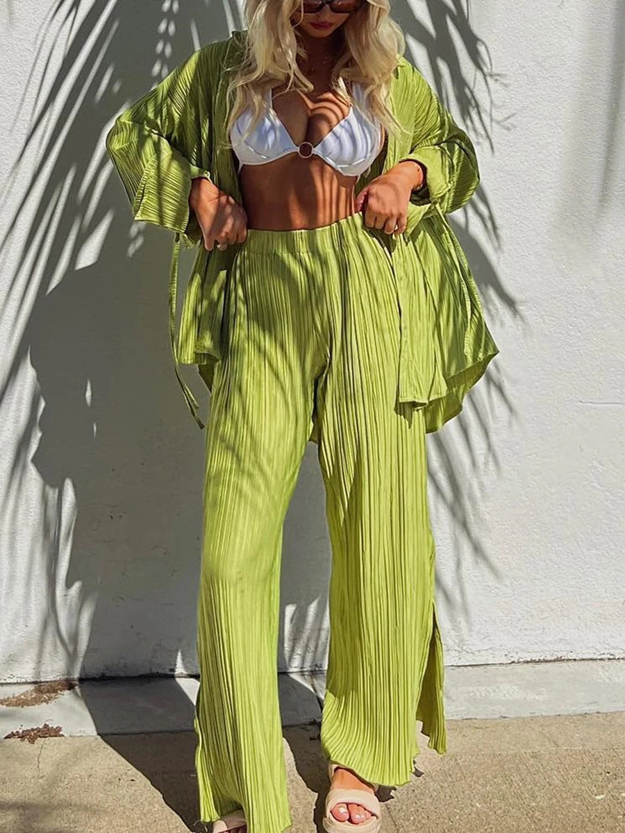 Oklulu Women Pleated Pants Suits Set Casual Chic Solid Color Long Sleeve Oversize and Wide Leg Pants Trousers 2023 Elegant Tracksuit