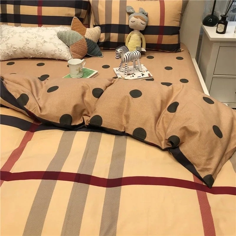 OKLULU  -  100%Cotton Bedding Set Luxury Brown Plaid Stripe Pattern Pillow Cover Sheet Quilt Cover Boys'/ girls' Bedroom Queen King Twin