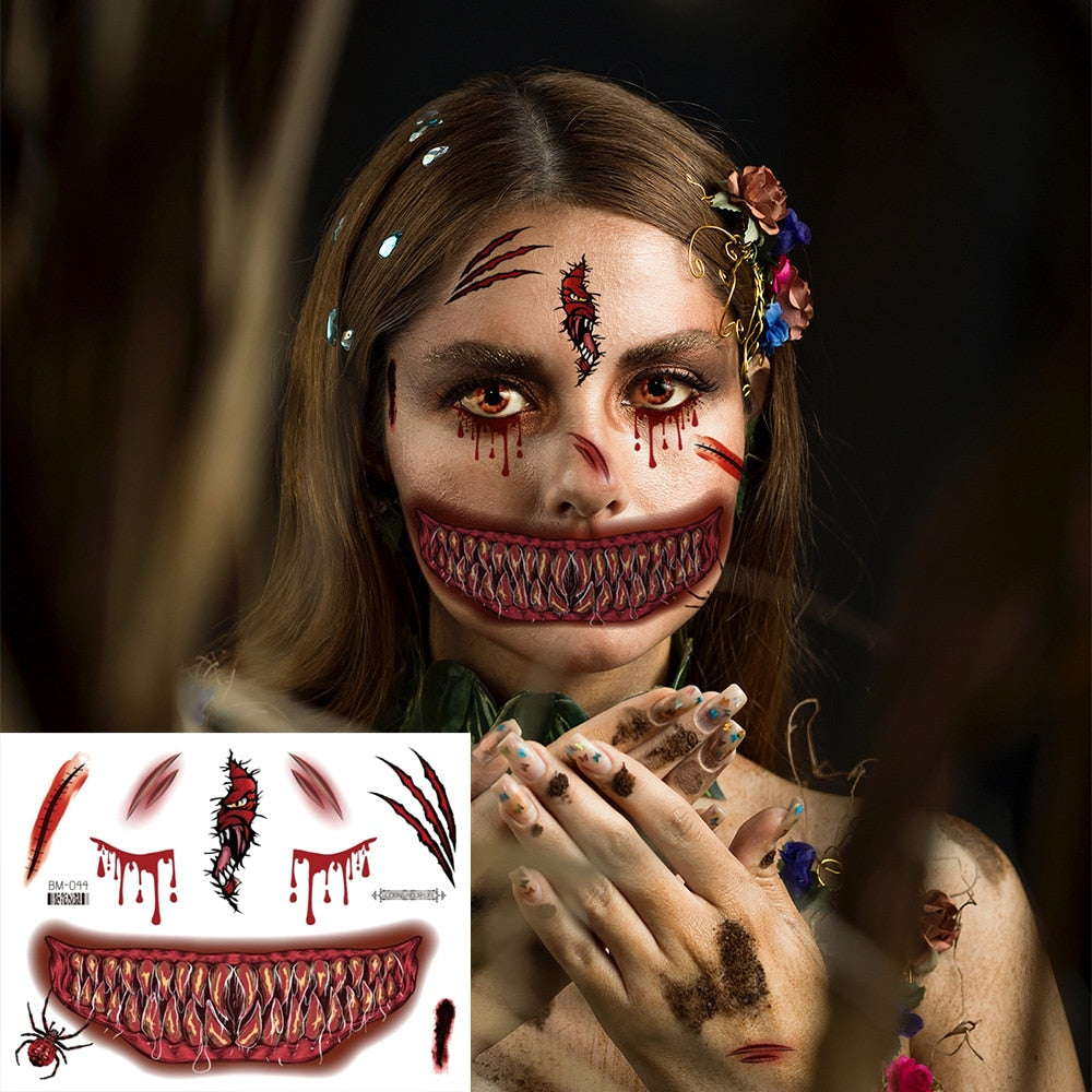 Halloween Face Makeup for Women Men Big Mouth Temporary Tattoo Stickers Disposable Funny Fake Tattoo Waterproof for Saints' Day