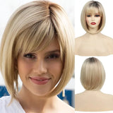 OKLULU  -  Hair Extensions Synthetic Fashion Women Wigs Short Straight Bob Hairstyle Blonde HighLights Hair Wig Heat Resistant Fiber