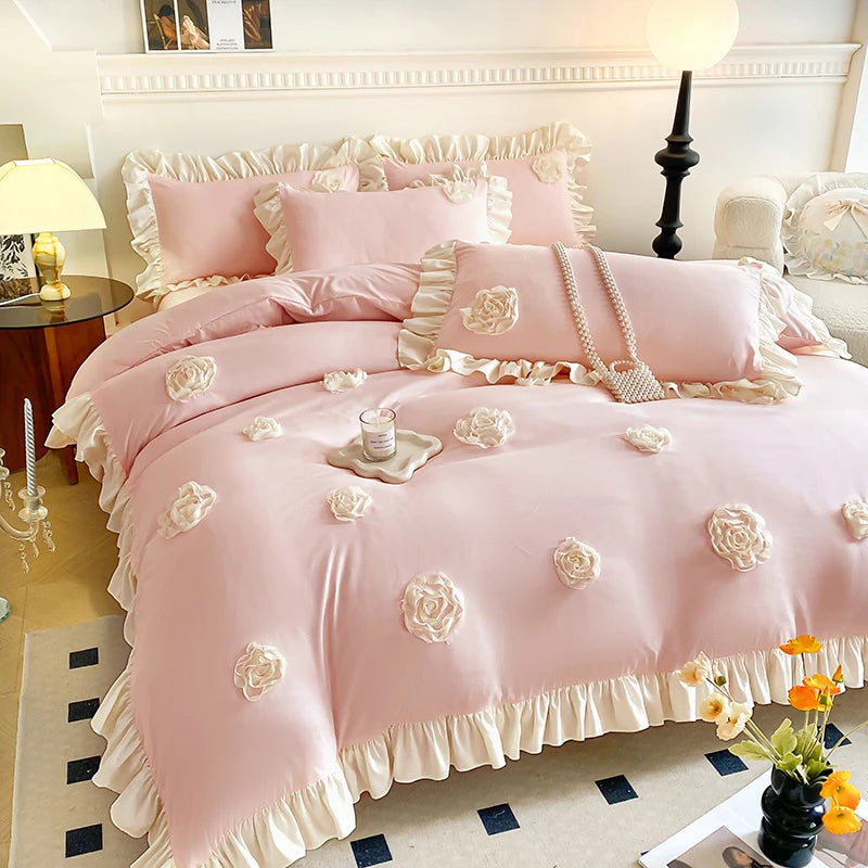 Oklulu 3Pcs Pink Korean Style Princess Lace Ruffles Skin-friendly Soft Flowers Embroidery Bedding Set Duvet Cover Set With Pillowcases