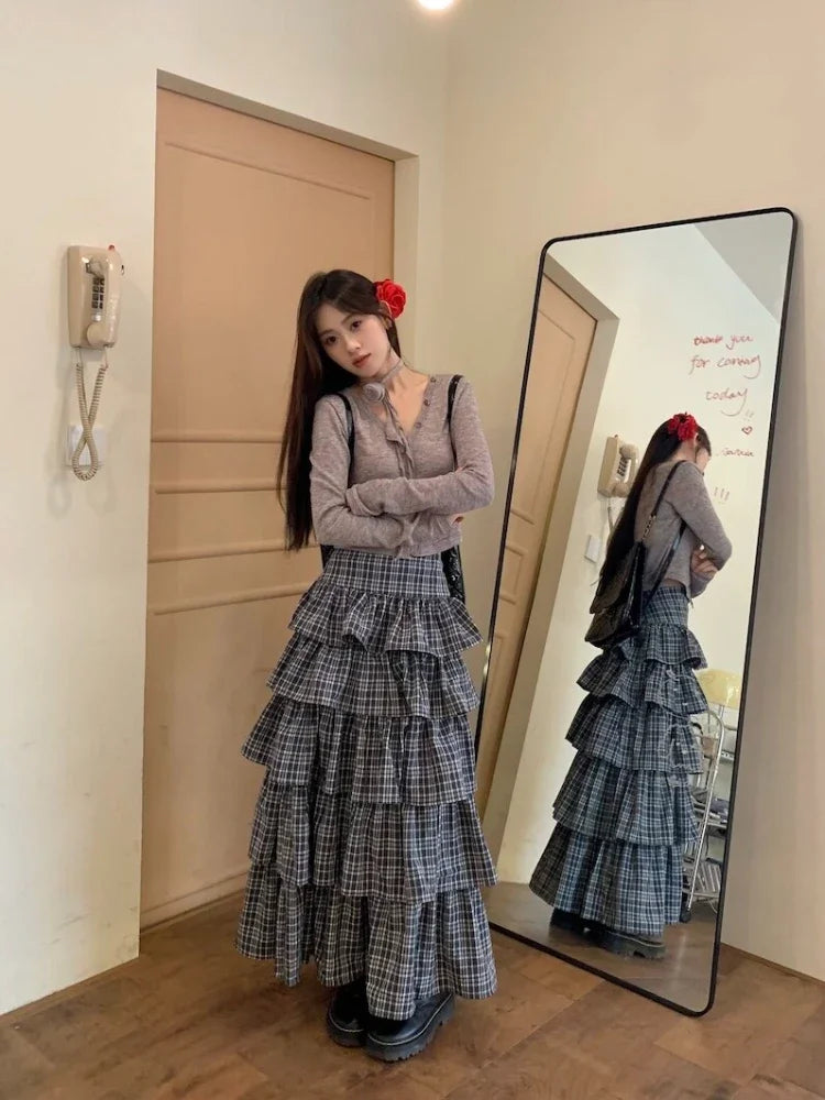 OKLULU  -  Harajuku Tiered Plaid Skirt Pleated High Waist Long Maxi Cake Skirt Mujer Summer Fashion Tshirt Sexy Two Piece Set Women