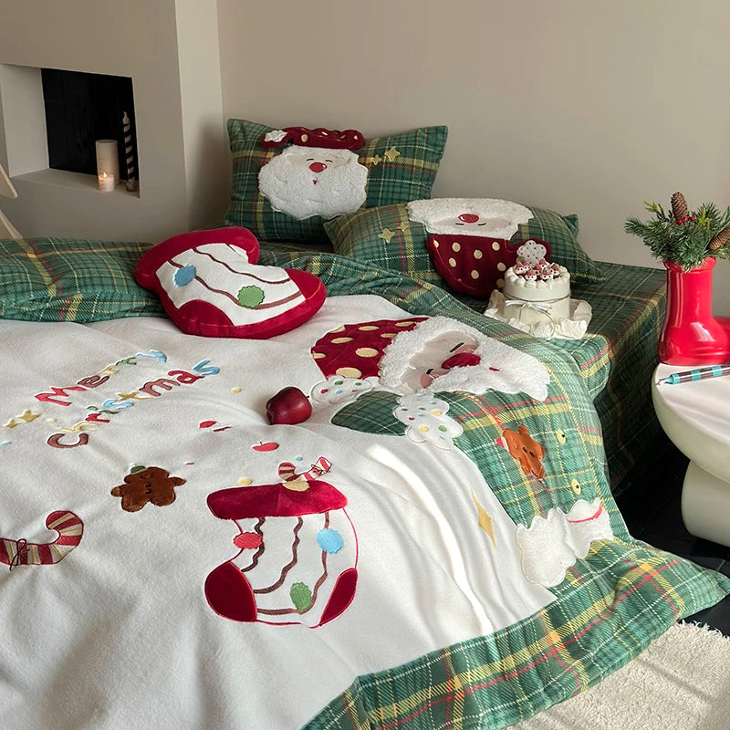 OKLULU  -  3/4Pcs Cute Santa Claus Embroidery Winter Warm Milk Velvet Bedding Set Single Duvet Cover Bed Sheet Pillowcases Christmas Gifts