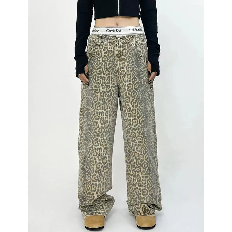 OKLULU  -  American Retro High Street Casual Overalls Leopard Print Loose Wide Leg Pants For Women Y2k Hip-hop Cargo Grunge Baggy Trousers