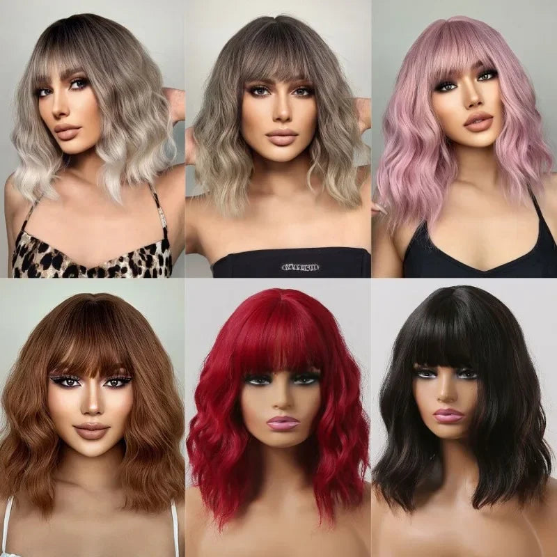 OKLULU  -  Bob wigs For Women Curly Wigs With Bangs Short Heat Resistant Synthetic hair For Party cosplay Costume Daily Wear Colorful Wig