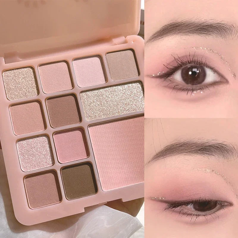 OKLULU  -  12-Color Eyeshadow Palette Pearly Matte Glitter Eye Shadow Shiny Shimmer Rose Pink Blush Eye Pigment Waterproof Korean Cosmetics