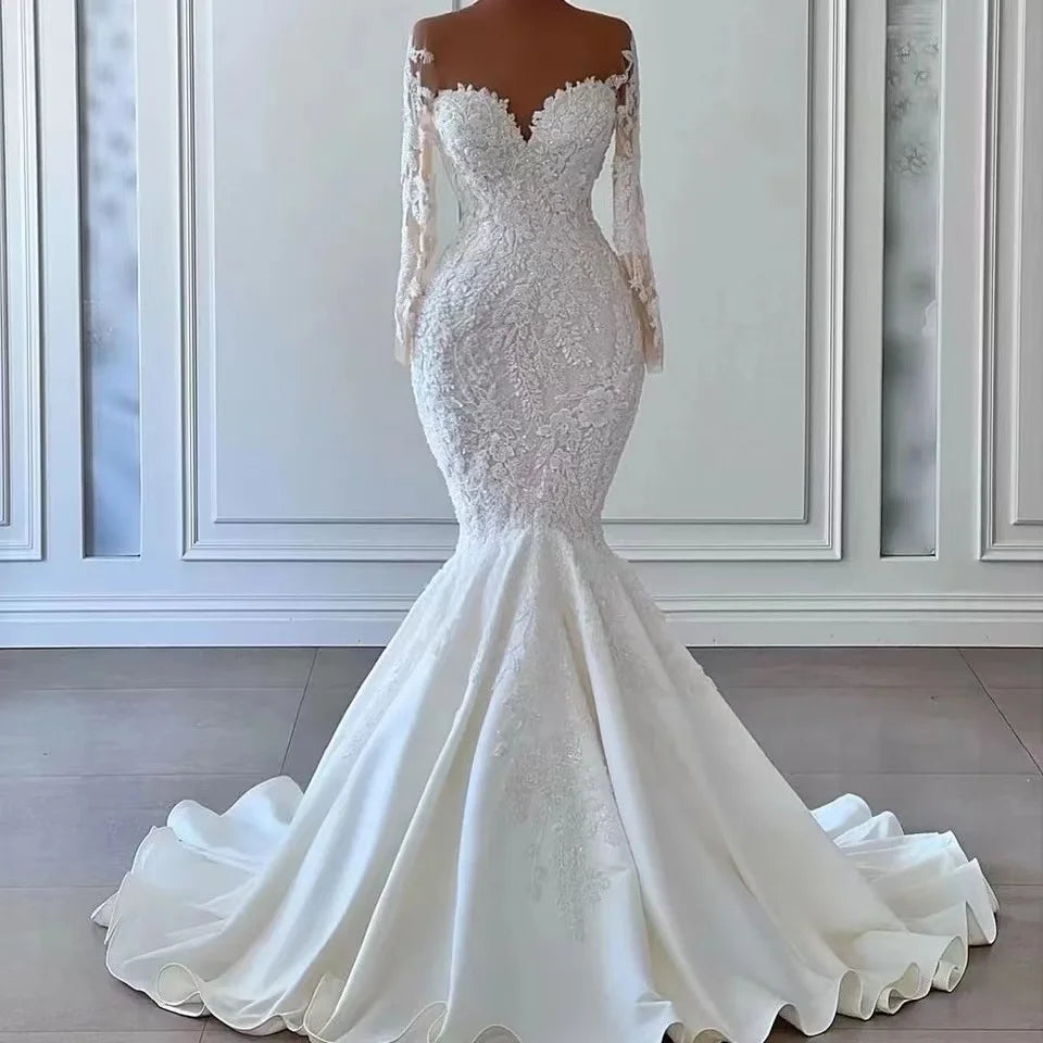 Oklulu Elegant Mermaid Wedding Dresses Sheer Neck Long Sleeve Sweep Train Appliques Beads Bridal Gowns