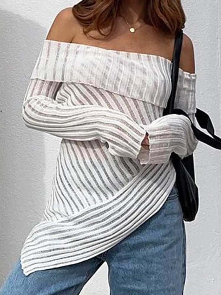 Oklulu Off Shoulder T-Shirt Women Summer Long Sleeve Tops Female Elegant Hollow Out Knitted Tee Ladies White Sexy Slash Neck