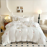 OKLULU  -  Bedding Set Embroidered Bed Linen Set Ruffles Duvet Cover Pillowcase with Bedsheet Smooth Bedclothes for Home