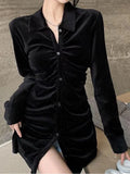 Oklulu Vintage Velvet Shirt Women Elegant Pleated Blouses Female Chic Slim Long Sleeve Tops Ladies Black Sexy Single Breasted Shirts