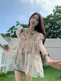 OKLULU  -  Elegant Floral Print Chiffon Beautiful Blouse Women Flying Sleeve Shirt Spring Summer Fairycore Pleated Tops Aesthetic