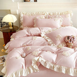 Oklulu 3Pcs Pink Korean Style Princess Lace Ruffles Skin-friendly Soft Flowers Embroidery Bedding Set Duvet Cover Set With Pillowcases