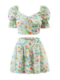 With Pad Green Floral Print Short T-shirt Puff Sleeve Crop Top Sexy Corset Women Splice Ruched Hem Mini Skirt Matching Set