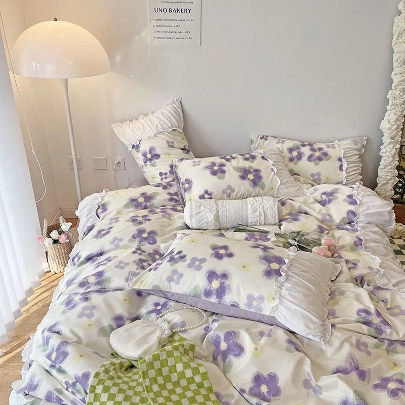 Girls Pastoral Floral Princess Bedding Set 3/4pcs Ruffles Duvet Cover Bed Skirt Sheet Queen King Size For Woman Decor Home